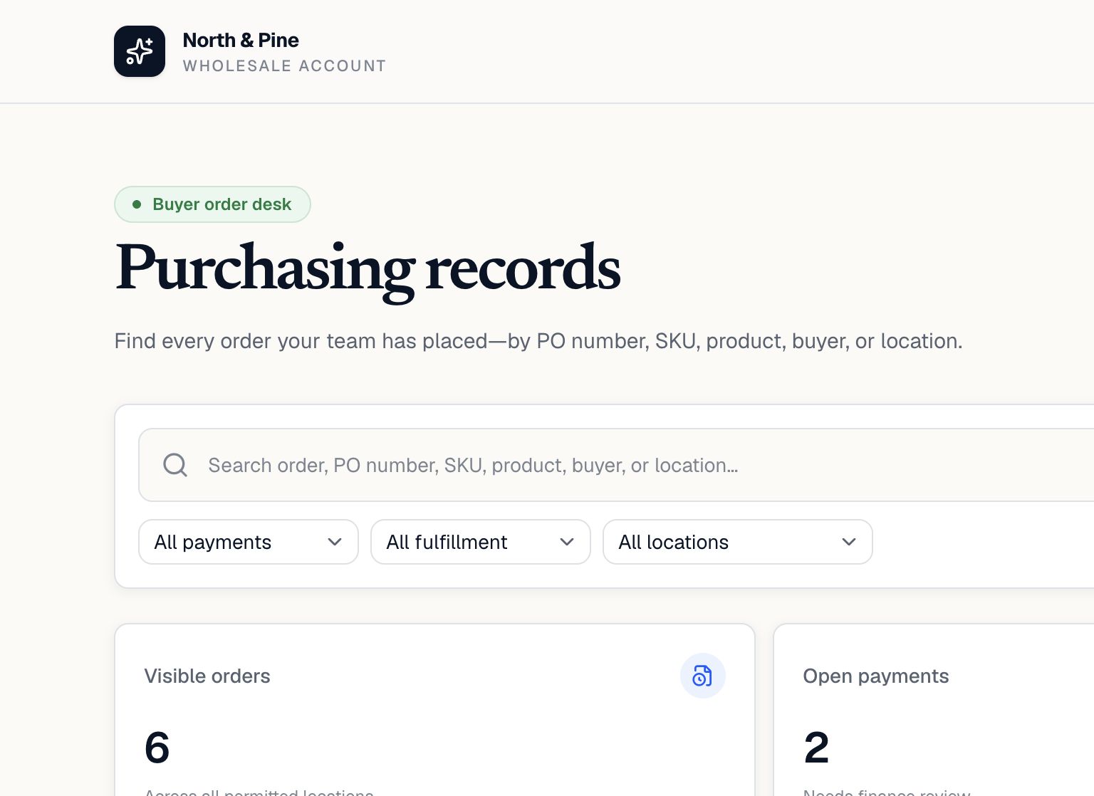 BuyerDesk purchasing records showing search, filters, and order totals inside a Shopify customer account