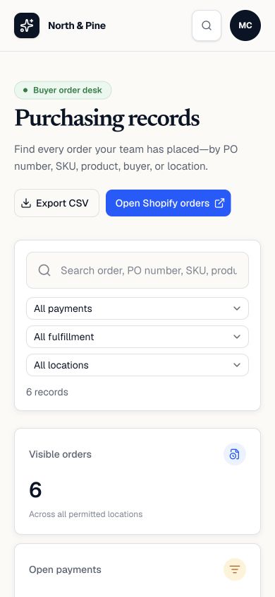 BuyerDesk purchasing records on a mobile Shopify customer account